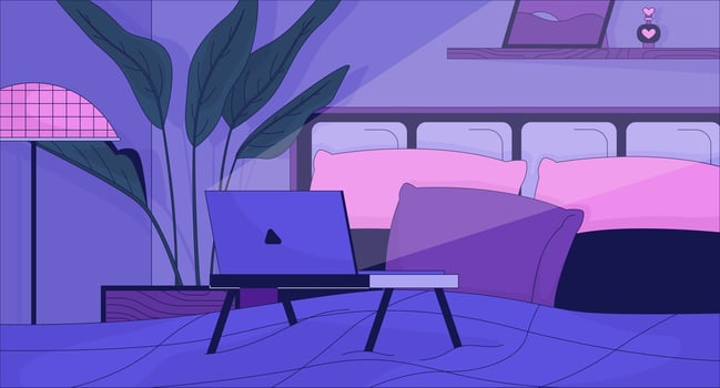 Laptop bed desk in bedroom at night 2D cartoon background. Late night internet browsing colorful aesthetic illustration, nobody. Sleepless cozy pillows bedding flat wallpaper art, lofi image vector