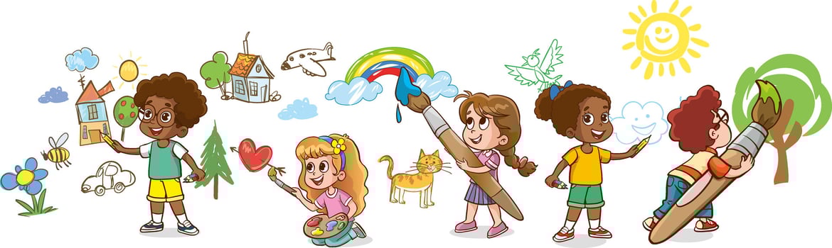 Kids painting wall set. Little children doing creative art with paints, colours, pencils, brushes illustration. Group of happy girls and boys drawing on white background. vector