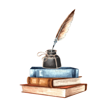 Book stack and inkwell with feather. Composition with vintage writing supplies. Hand drawn watercolor illustration isolated. Knowledge for all. Education concept. Clip art for card, website, sticker. png
