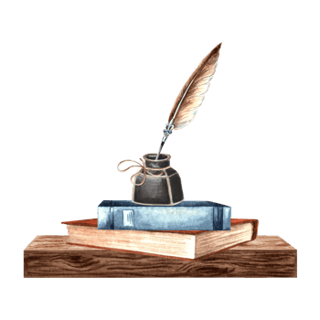 Books and inkwell with feather on wooden shelf. Composition with writing supplies. Hand drawn watercolor illustration isolated. Knowledge for all. Education concept. Clip art for card, website, print. png