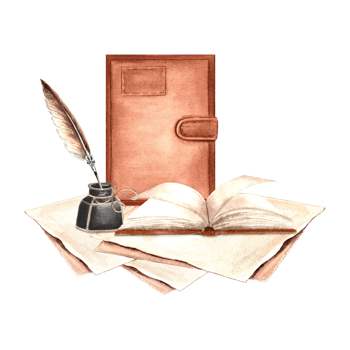 Notebook with inkwell and feather Parchment sheets and book. Vintage writing supplies. Hand drawn watercolor illustration isolated. Knowledge for all. Education concept. Template for sticker, print. png
