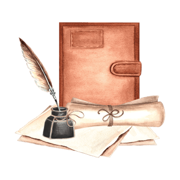 Notebook with inkwell and feather Parchment sheets and scroll. Vintage writing supplies. Hand drawn watercolor illustration isolated. Knowledge for all. Education concept. Template for sticker, print. png