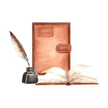 Notebook and inkwell with feather near open book. Vintage composition writing supplies. Hand drawn watercolor illustration isolated. Knowledge for all. Education concept. Template for sticker, print. png