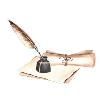 Feather pen and inkwell with parchment and scroll. Vintage composition writing supplies. Hand drawn watercolor illustration isolated. Knowledge for all. Education concept. Template for sticker, print. png