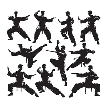 Silhouette of people isolated on white background. Wushu, kung fu, Taekwondo, Aikido. Sports positions. Design elements and icons. illustration. Set vector
