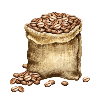 watercolor gunny sack with coffee beans, illustration of empty canvas bag for beans, textured brown sack png