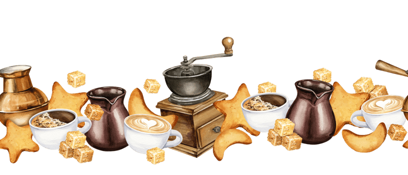 watercolor seamless border of coffee theme with coffee mull, cookies, turkish coffe pot, cup of espresso and cappuccino, brown sugar cubs, hand drawn illustration png