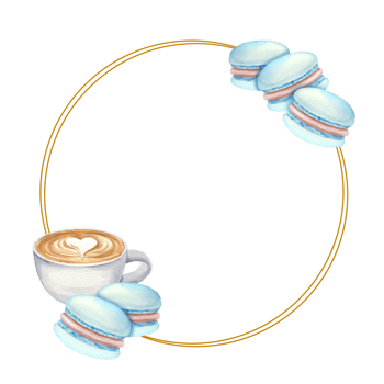 watercolor round frame with cup of coffee, cookies, macaroon, biscuit. hand drawn illustration of cappuccino, collection of coffee theme png