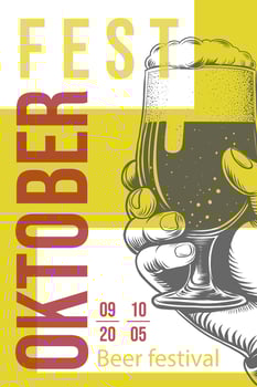 Oktoberfest flyer or poster with hand holding beer glass. Modern poster design template for beer festive, bar, pub happy hour, beer serving hour. illustration. Munich, October, beer festival vector