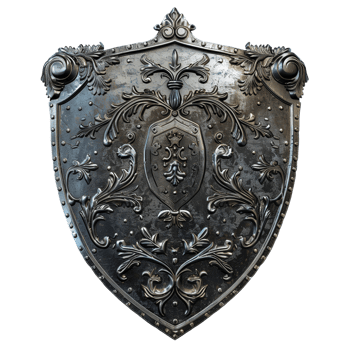 A historical metal shield with a coat of arms, isolated on a transparent background png