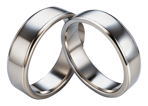 Two shiny silver wedding bands interlocked, cut out - stock png. png