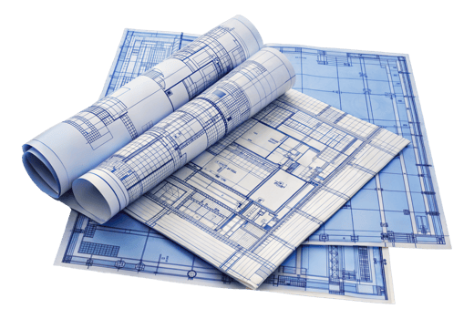 Rolled up architectural blueprints for building construction design, cut out - stock png. png