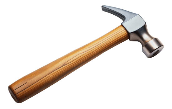 A wooden-handled hammer with a curved claw and rounded head, cut out - stock png. png