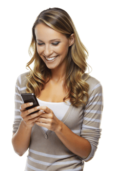 Young woman smiling and reading a text message on her phone, cut out - stock png. png
