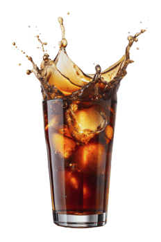 A glass of icy cola with splashing liquid, cut out - stock png. png