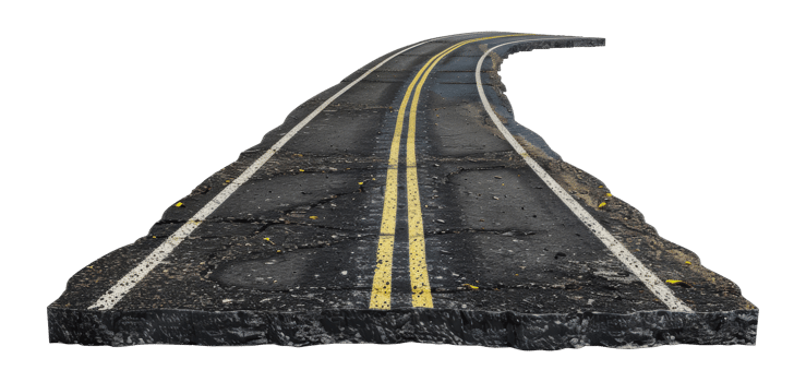 Isolated curved road with yellow lines and white lane markers, cut out - stock png. png