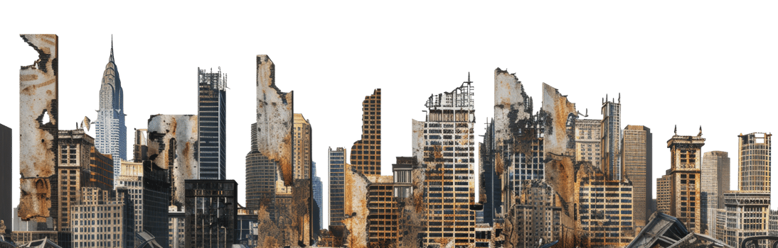 Post-apocalyptic cityscape skyline with ruined buildings, cut out - stock png. png