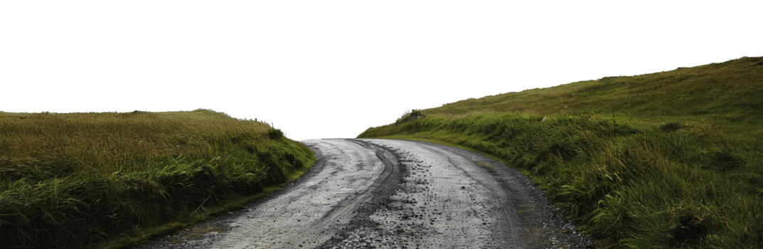 Winding gravel road through green hills on a cloudy day, cut out - stock png. png