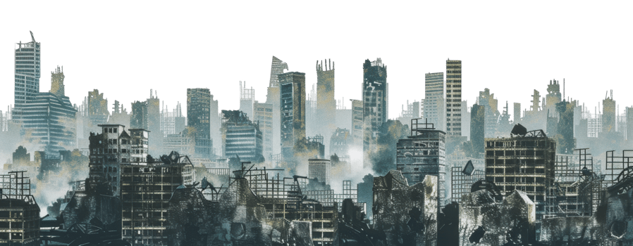 A post-apocalyptic cityscape skyline with ruins and smoke, cut out - stock png. png