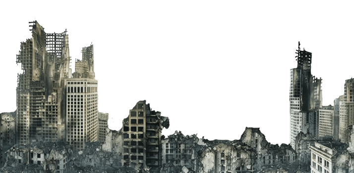 Ruined skyscrapers after a devastating cityscape apocalypse, cut out - stock png. png