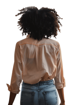 Woman with curly hair walking away in a pink button-up shirt and blue jeans, cut out - stock png. png