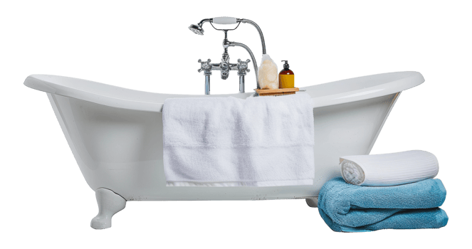 White clawfoot bathtub with towel and bath accessories, cut out - stock png. png