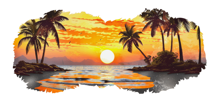 Tropical sunset over a beach with palm trees, cut out - stock png. png