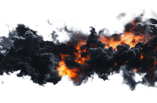 Dark smoke and orange flames billowing in the sky, cut out - stock png. png
