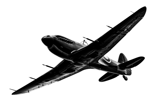 Black and white photograph of a classic world war ii era fighter plane in flight, cut out - stock png. png