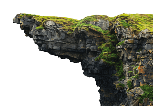 Green grass covered cliffs along the rugged coastline, cut out - stock png. png