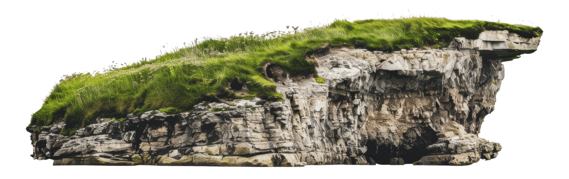 Green grass covered rocky cliff overhanging a sea shore, cut out - stock png. png