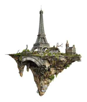 Eiffel tower and stone bridge on a floating island, cut out - stock png. png