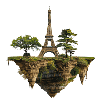 The eiffel tower standing on a floating island with lush trees, cut out - stock png. png