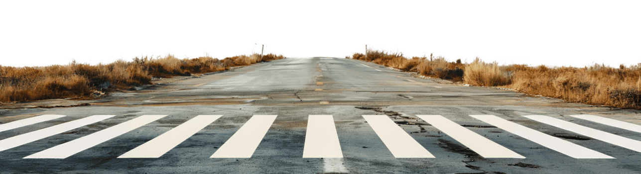 Empty crosswalk on a rural road leading towards a distant horizon, cut out - stock png. png