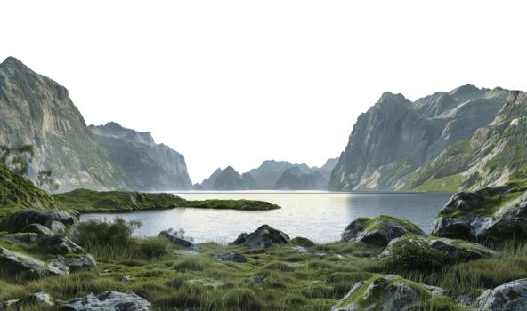 Mountainous landscape with tranquil lake and lush vegetation, cut out - stock png. png