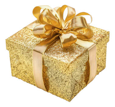 Gold glitter gift box with satin ribbon bow, cut out - stock png. png