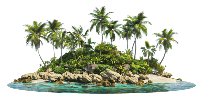 Tropical island with palm trees and sandy beach, cut out - stock png. png