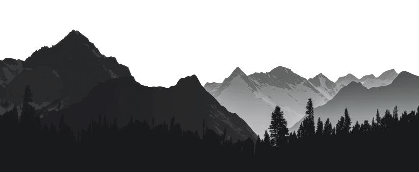 Silhouette of a mountain range at sunrise with pine trees, cut out - stock png. png