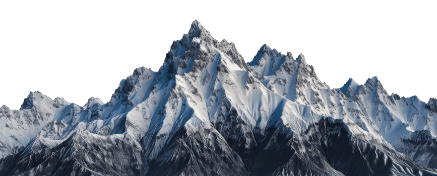 Snow-covered mountain range against a white background, cut out - stock png. png