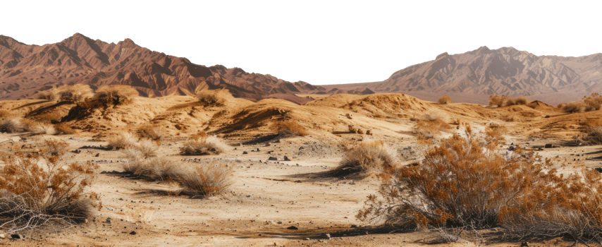 Dry desert landscape with mountains in the distance on a sunny day, cut out - stock png. png