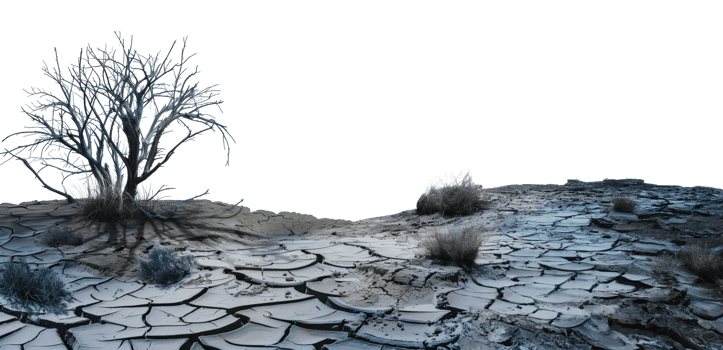 Dead tree on cracked earth in a barren landscape, cut out - stock png. png