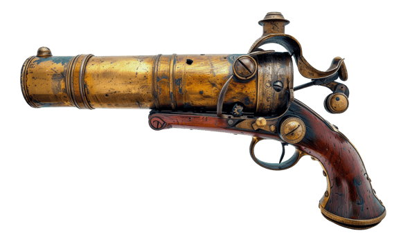 Antique brass and wood hand cannon, cut out - stock png. png