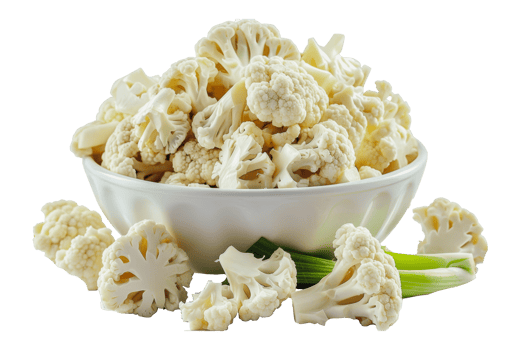 Freshly chopped cauliflower in a white bowl with green stalks, cut out - stock png. png