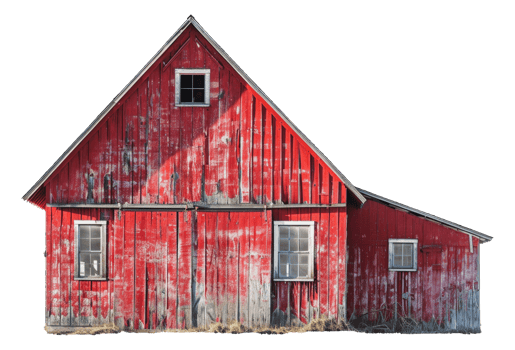 Classic red barn with weathered wood and windows, cut out - stock png. png