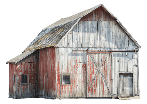 Classic red and white wooden barn with sliding door in rural setting, cut out - stock png. png
