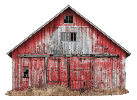 Classic red barn with weathered wood, cut out - stock png. png