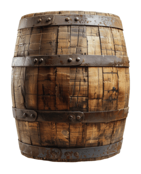 A vintage wooden whiskey barrel with metal bands, cut out - stock png. png