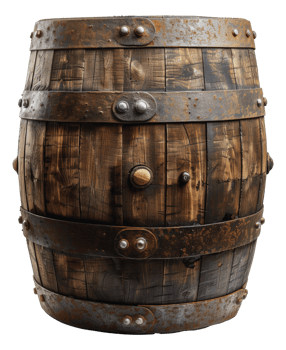 Old wooden barrel with metal bands and rivets, cut out - stock png. png