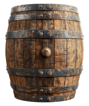 A close-up view of a weathered wooden barrel with metal bands, cut out - stock png. png