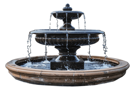 Three-tiered stone water fountain with running water, cut out - stock png. png